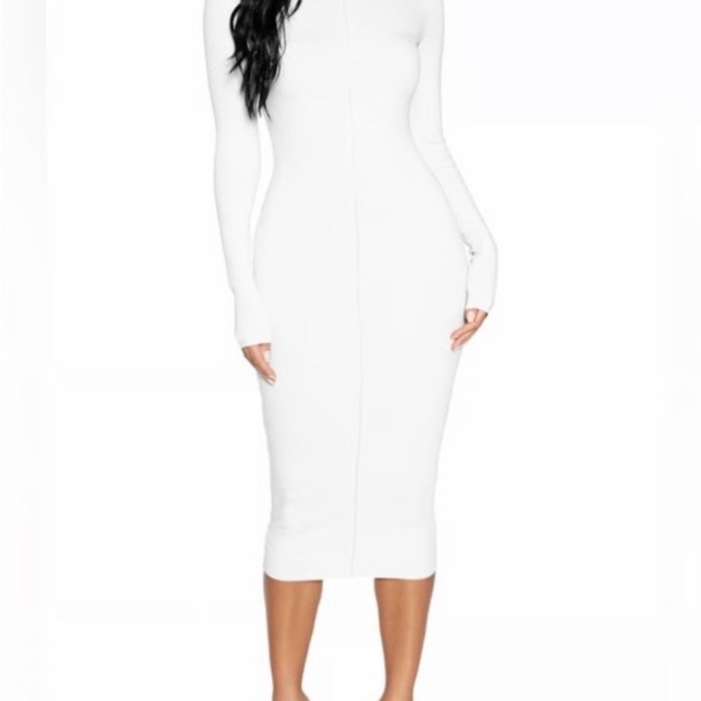 Naked Wardrobe Classic Cream Long Sleeve Dress